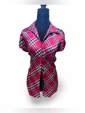 Y2K Hot Pink Plaid Fitted Button Up 💖 Preppy Coquette 2000s Top layering whimsy